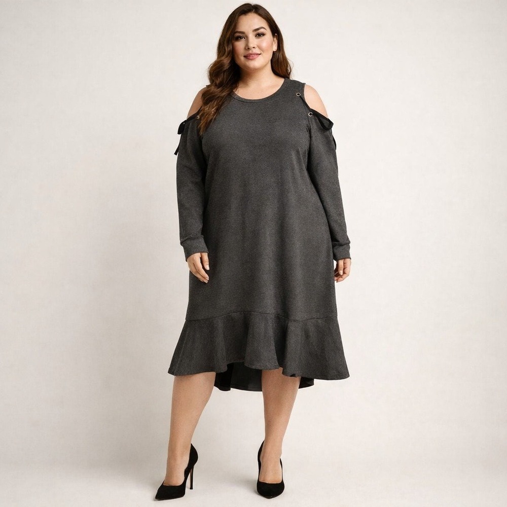 Lane Bryant‎ Cold Shoulder Ruffle Hem Dress Charcoal Grey Grommet Detail 14/16